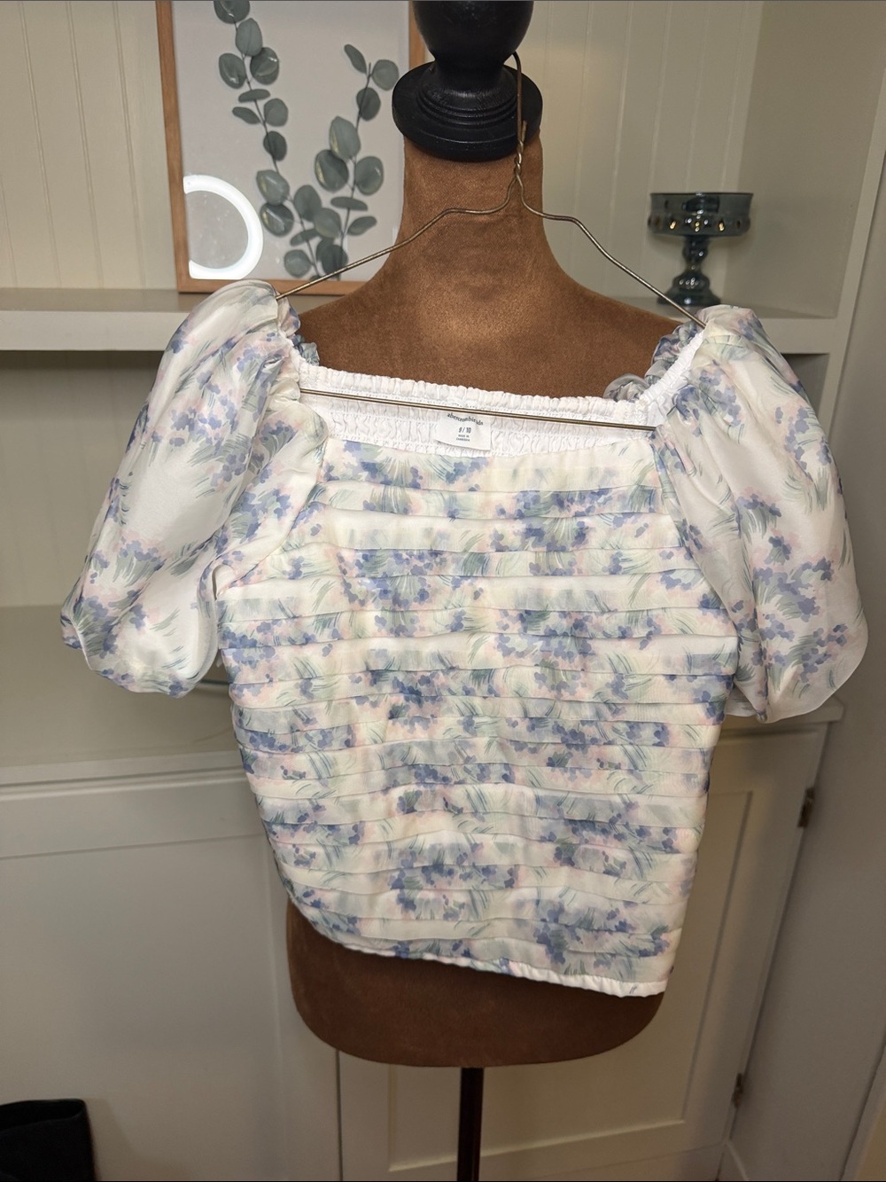 abercrombie kids Puff-Sleeve Square Neck Top - White with Blue & Pink Floral